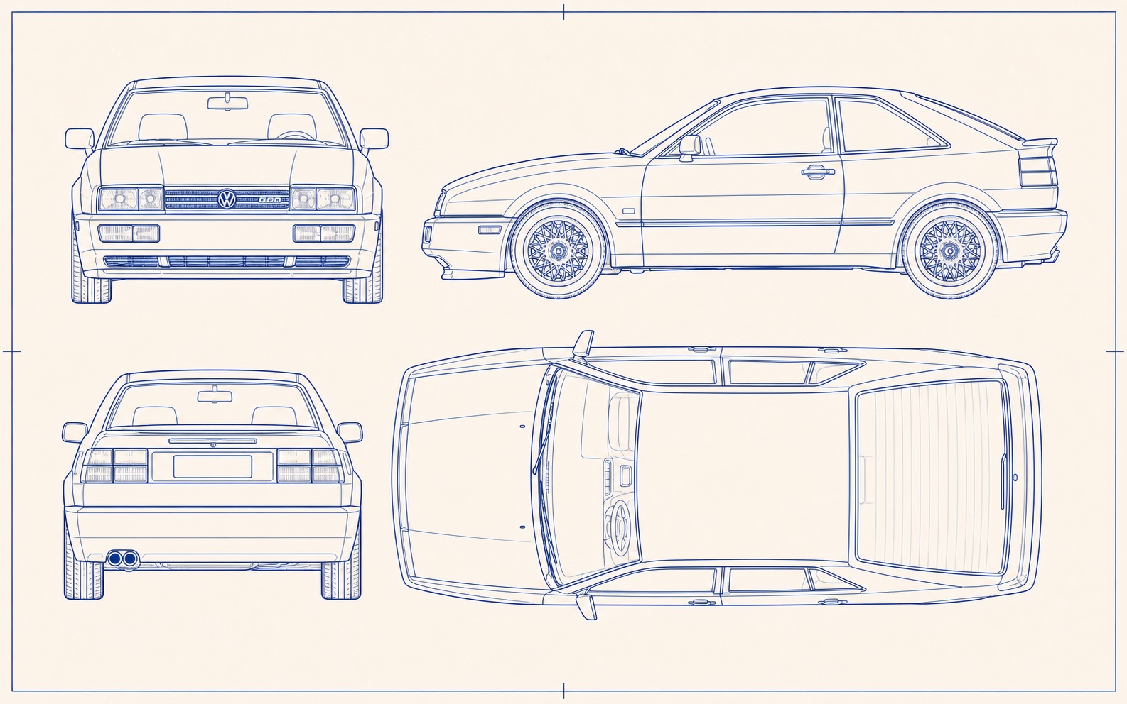 Orthographic technical drawing of a 1991 Volkswagen Corrado G60